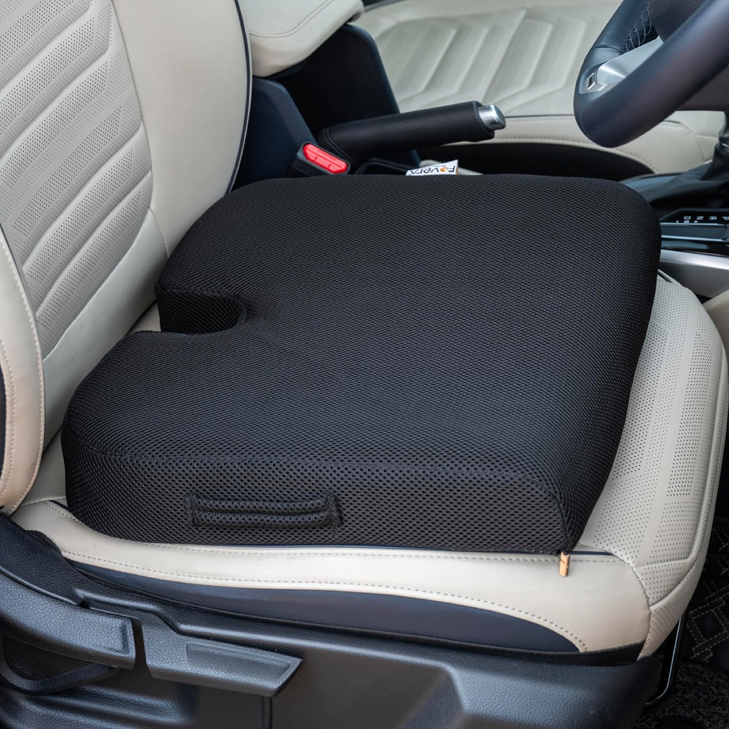 FOVERA Car Seat Cushions | Memory Foam Seat Cushion for Car Driving Seat | Wedge Shape with U Cut-Out for Long Drives & Daily Commute | Relieves Back & Tailbone Pain (L-Above 80Kg Wt, Mesh Black)