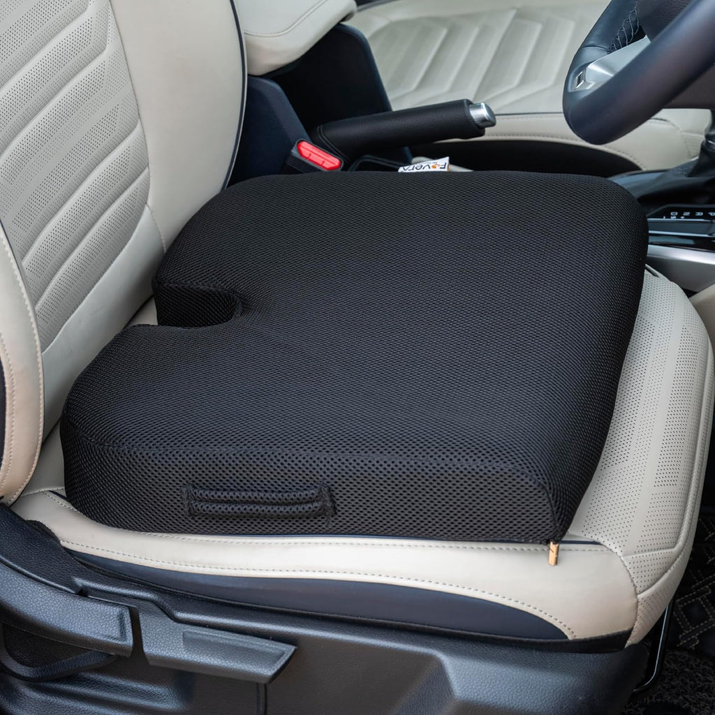 FOVERA Car Seat Cushions | Memory Foam Seat Cushion for Car Driving Seat | Wedge Shape with U Cut-Out for Long Drives & Daily Commute | Relieves Back & Tailbone Pain (L-Above 80Kg Wt, Mesh Black)