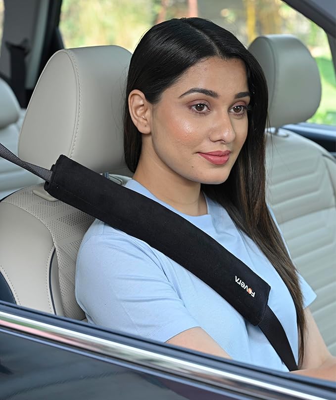 FOVERA Car Seat Belt Shoulder Pads (Pack of 2) Car Safety Belt Soft Pad Cover for Comfortable Driving, Universal Fit for All Cars and Backpack (Black Color, 12 Inch Length)