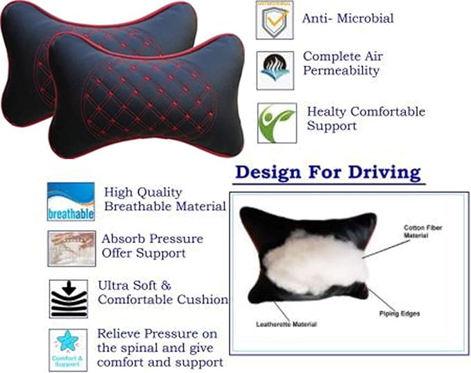DETACHI Faux Leather Car Neck Rest Pillow/Cushion Set of Pillows Compatible with All Cars (Black, with RED Embroidery) - Pack of 2 Pieces