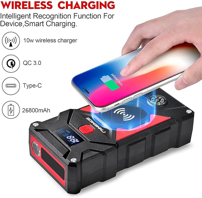 FNNEMGE Car Jump Starter 6000A Peak, 26800mAh Capacity, Up to All Gas and 10.0L Diesel Engine, USB Quick Charge 3.0, LED Light, EC-5 Output (6000A/26800mAh)