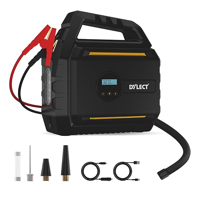 Dylect Smart Tyre Inflator with Jump Starter DC 14.8V | 7200mAh Battery | Power Bank | 150PSI | Digital Display | AC/DC Supported | C Type Charging | Auto Cut-Off