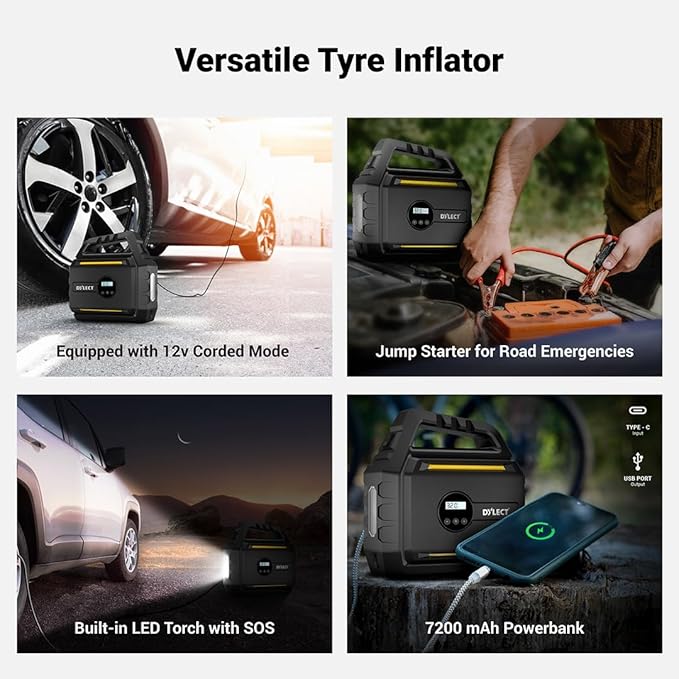 Dylect Smart Tyre Inflator with Jump Starter DC 14.8V | 7200mAh Battery | Power Bank | 150PSI | Digital Display | AC/DC Supported | C Type Charging | Auto Cut-Off