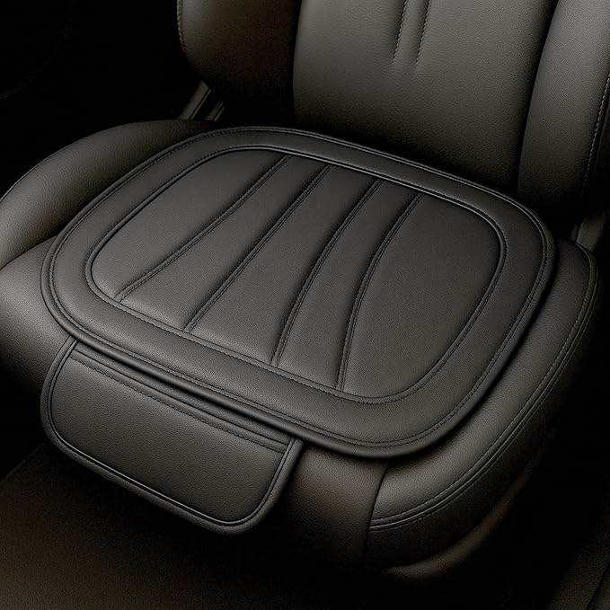 Padded Leather Car Seat Cover Protector Mat With Front Storage Organiser Pocket, Breathable And Anti Slip Seat Cover For Car With Thigh Support, Smart And Slim Cushion Accessories For Driver (Black)