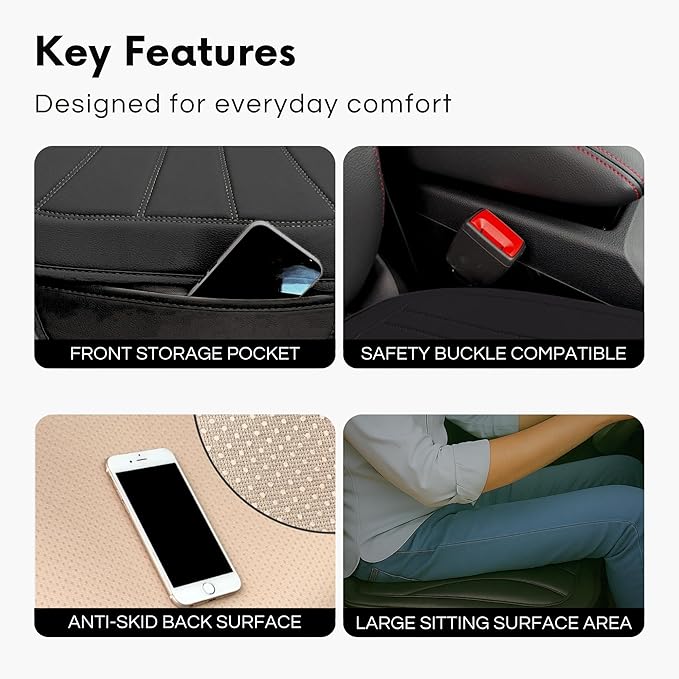 Padded Leather Car Seat Cover Protector Mat With Front Storage Organiser Pocket, Breathable And Anti Slip Seat Cover For Car With Thigh Support, Smart And Slim Cushion Accessories For Driver (Black)