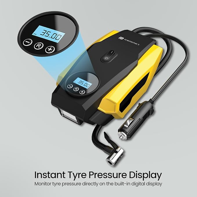 Portronics Vayu Lite Portable Tyre Inflator for Car, Bike, Cycle with 150 PSI Pressure, Digital Display, Auto Shut-Off, LED Light, 2.7m Cord, Air Pump Compressor for Cigarette Lighter Socket (Black)