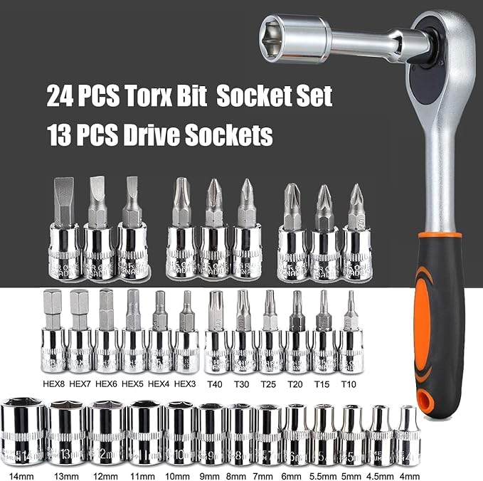 ZSIGNS 46Pcs 1/4 Inch Drive Box End Socket Set,Metric Ratchet Wrench Set With 4-14Mm Cr-V Sockets,S2 Bits,Extension Bars,Mechanic Tool Kits For Household Auto Repair (Black), Chrome Vanadium Steel
