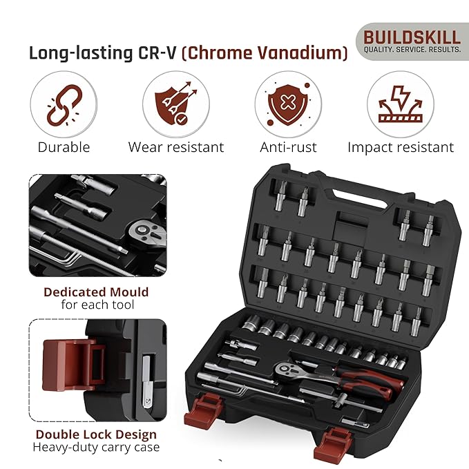 BUILDSKILL 1/4 inch socket set | 46 piece - heavy duty CR-V material | flexible extension bar | quick release reversible ratchet | TPR anti-slip grip | socket wrench set for car & bicycle repairing