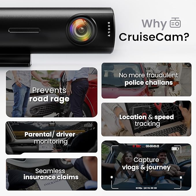 Boult Cruisecam X1 Dash Camera for Car | 1080p HD Recording | 170° Ultra-Wide Angle | 360° Rotation | App Control | Heat Resistant Supercapacitor Dashcam | Night Vision | G-Sensor | Easy DIY DashCam